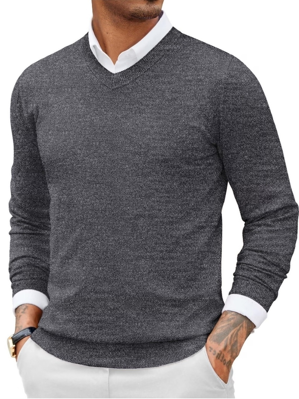 Toscano Men's Gray Merino Wool Blend Knit V-Neck Pullover Sweater Size L